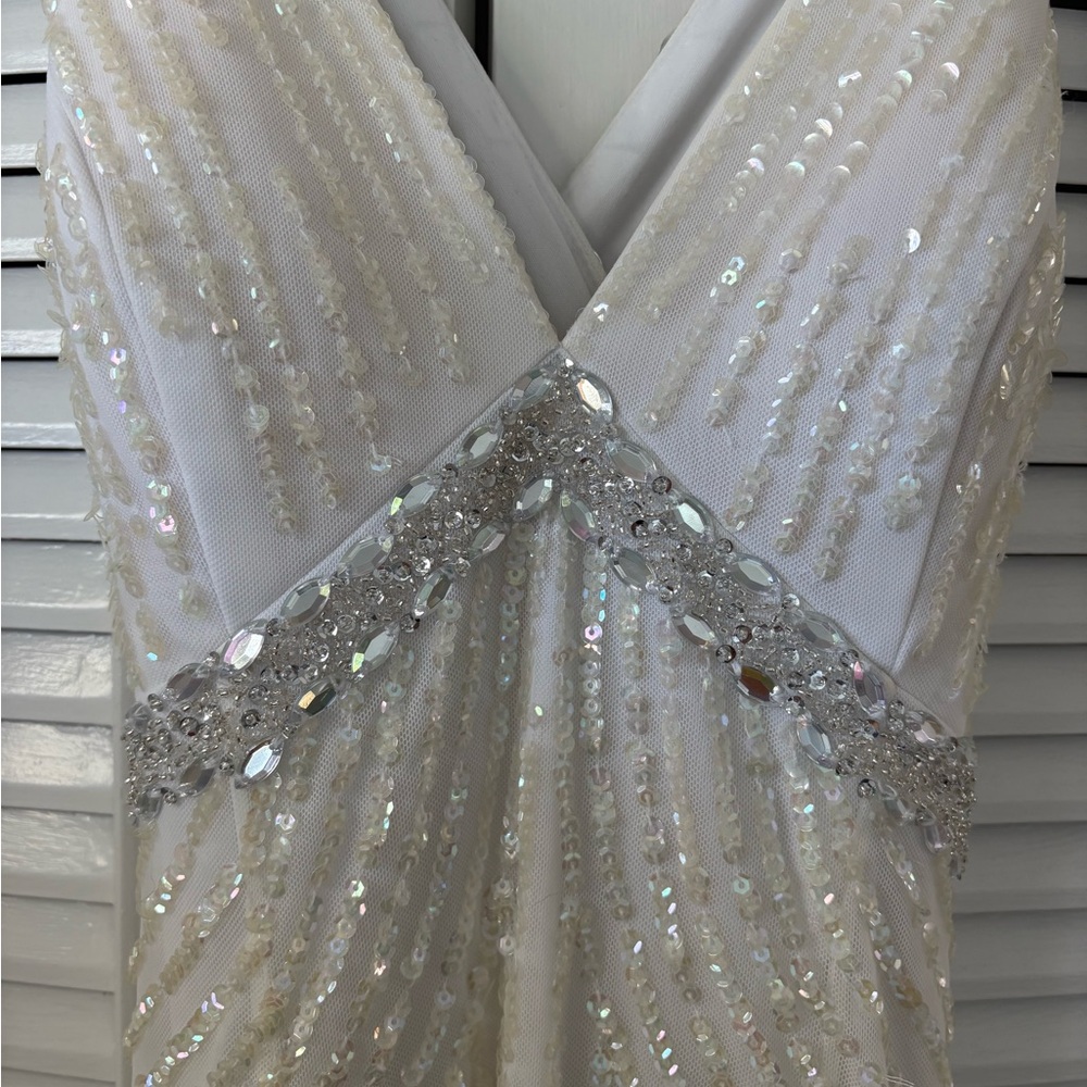 David's Bridal White Gown with Silver Embellishments